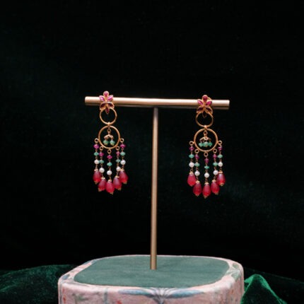 Multicolor Beaded Dangling Gold Earrings