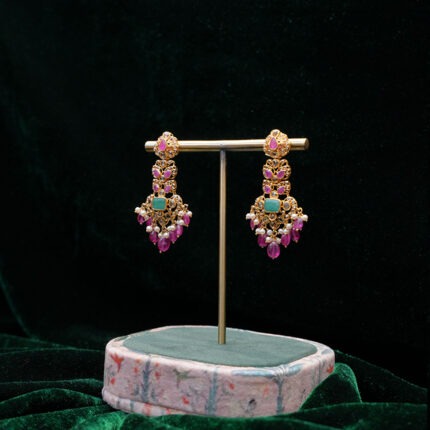 Ruby Emerald Pearl Gold Earrings